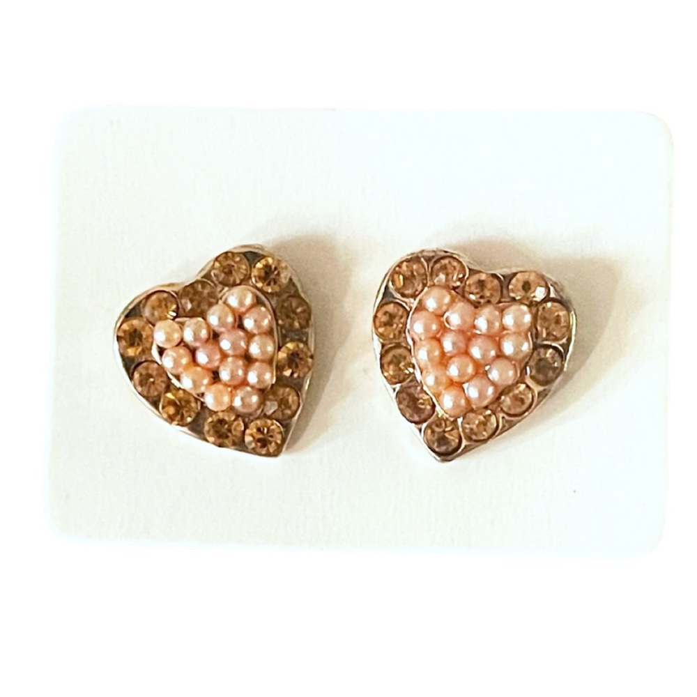 Vintage Pink Orange Gold Tone Sparkly Petite Minimalist Heart Stud Earrings